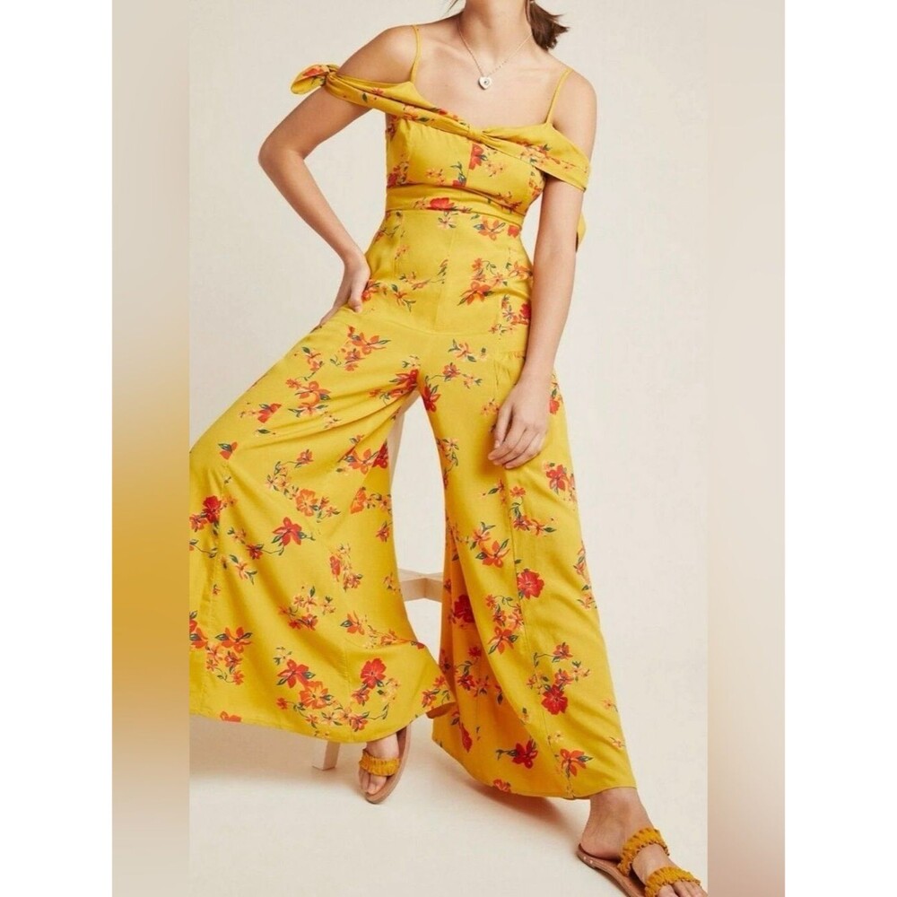 Anthropologie Londonberry mustard Yellow Floral Off-Shoulder jumpsuit. Sz 6